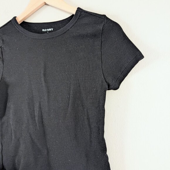 Slim Fit Scallop Hem Waffle Knit Baby Tee Black Crew Neck Cotton Poly Women's M - Picture 3 of 7